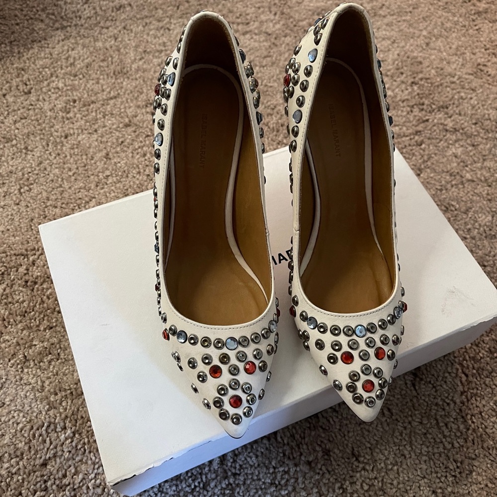 Authentic NWT Isabel Marant white leather Clemence studded pumps shoes 37.